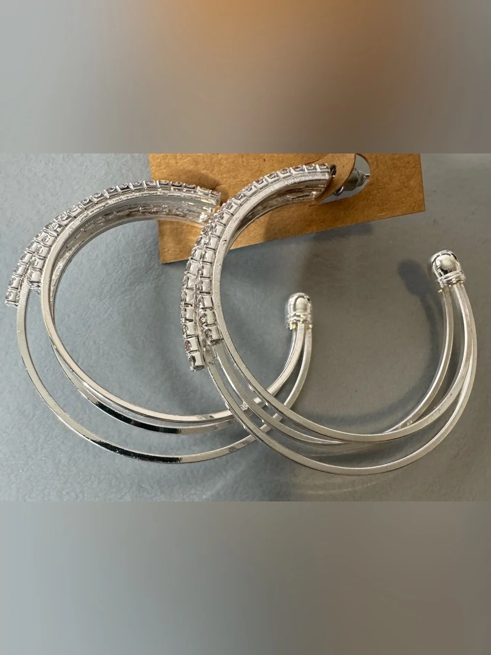 Silver Triple-Row Hoop Earrings with Pavé Accents
